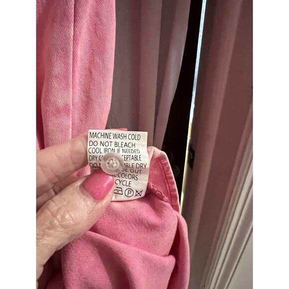 Pink Acid Wash Denim Button Down Babydoll Tiered Heart Print Dress Sz S - Picture 6 of 6